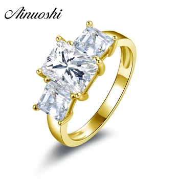 

AINUOSHI Big 3 Stones Ring 14K Solid White/Yellow Gold 1.5 CT Rectangle Cut SONA Diamond Bague Bridal Wedding Engagement Ring