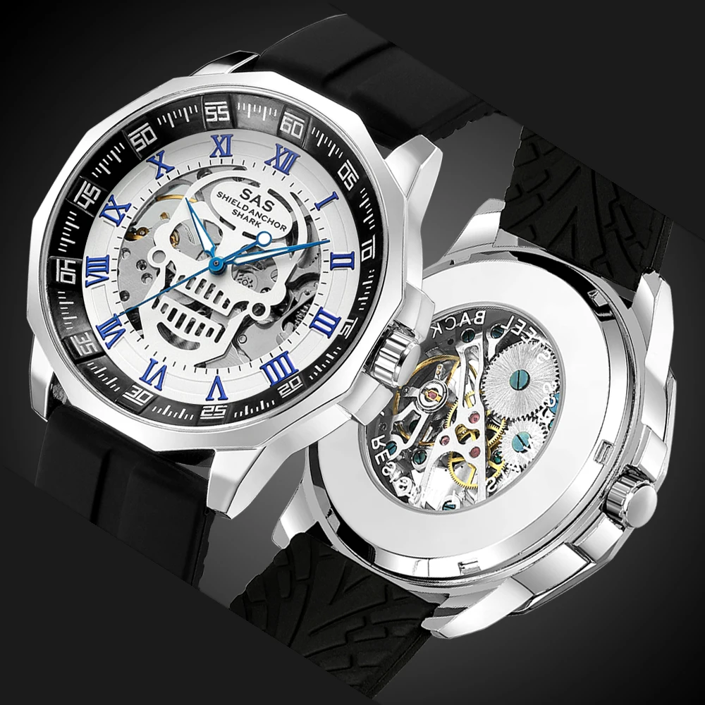 SAS Shield Anchor часы с акулой Мужские механические часы с черепом и скелетом наручные часы relogio masculino