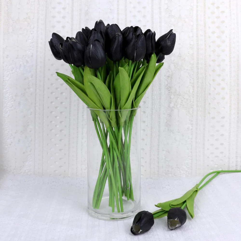 5 Pcs Hitam Sentuhan Nyata Bunga Lateks Tulips Bunga Buatan Palsu