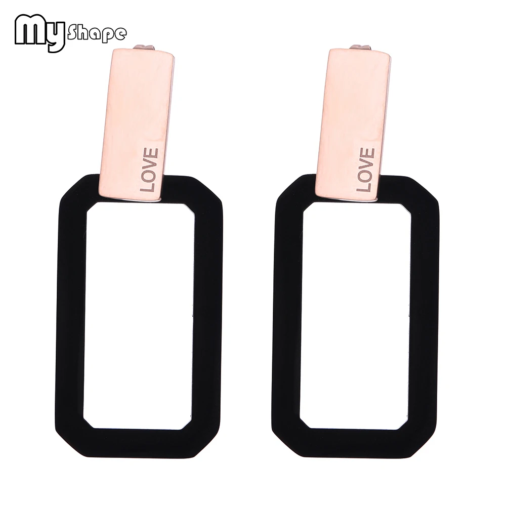 

My Shape Black Square Hollow Drop Earrings Letter Love Engraved Stainless Steel Geometric Hexagon Earrings Retro Women's Jewelry