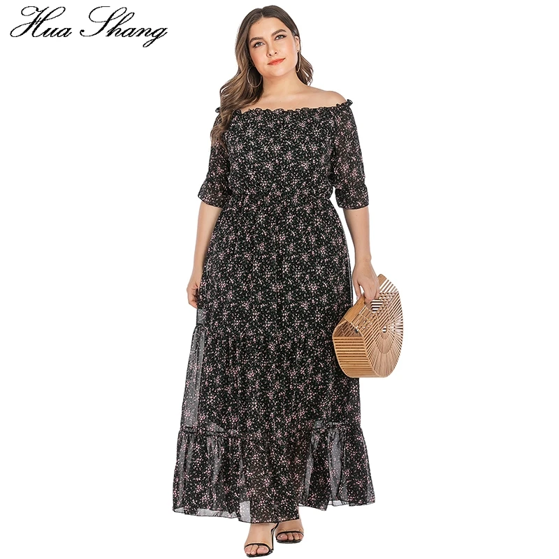 

Off Shoulder Dress Plus Size 2019 Summer Women Slash Neck Floral Print Ruffles Chiffon Boho Dress Maxi Long Tunic Beach Dresses