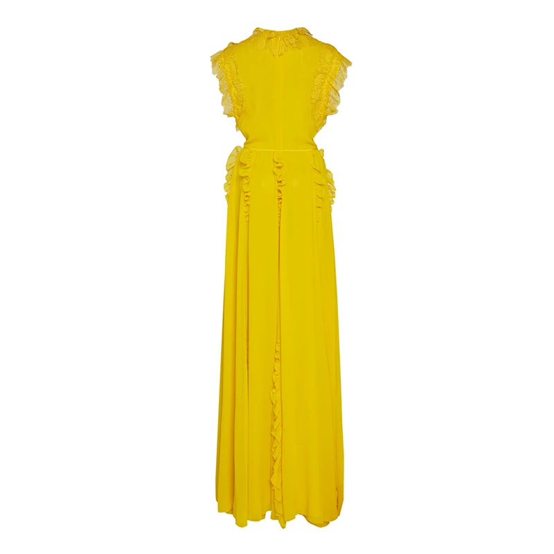 HIGH QUALITY Newest Summer Runway Dress Women's V-neck Ruffles Yellow Long Dress