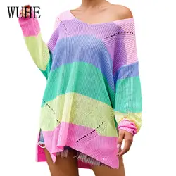 WUHE Harajuku свитер с разноцветной отделкой женский осенне-зимний вязаный свитер и пуловер женская Трикотажная майка джемпер Pull Femme