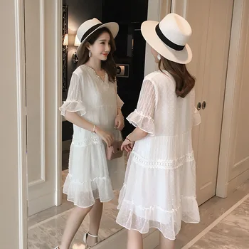

Spring summer maternity dress lace splice dresses Korean version loose medium and long V-collar pregnant women maternity gowns