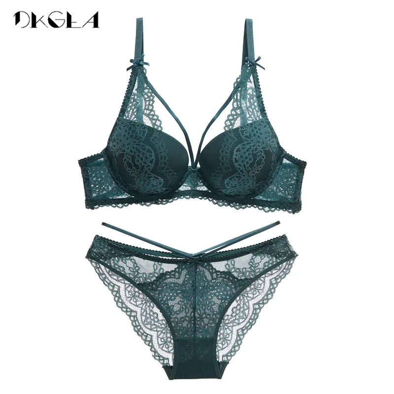 Buy New Green Underwear Set Women Bra Push Up Brassiere Cotton Thick Black Gather Sexy Bra Panties Sets Embroidery Lace Lingerie Set