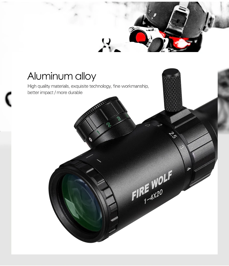 Rifle de ar Fogo Lobo Rifle Escopo Verde Vermelho Iluminado Riflescope Range Finder Retículo Scope Visão Óptica Caça 1-4x20 5 Fogo lobo 1-4x20 rifle escopo verde vermelho