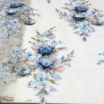 

Nigeria African Wedding Dress Powder Blue Pearls Lace French Embroidery Tulle Fabric Heavy Handmade Beaded Lace Fabric F18092102