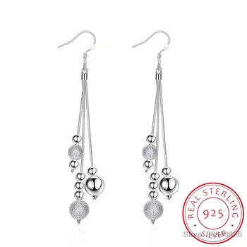 

LEKANI 925 Sterling Silver Triple Line Long bead Drop earrings ball Fashion chic gift vintage bead earrings Fine Jewelry