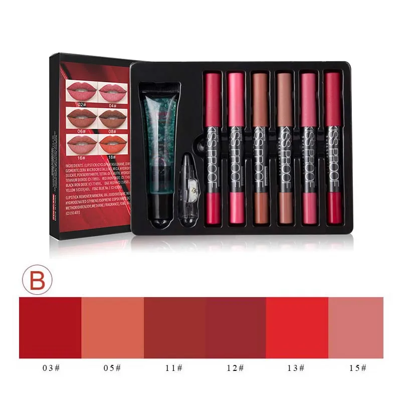 MENOW бренд макияж набор 6 kiss proof губная помада и точилка для карандашей и удалитель косметический набор водостойкий Макияж для губ K906 - Цвет: B