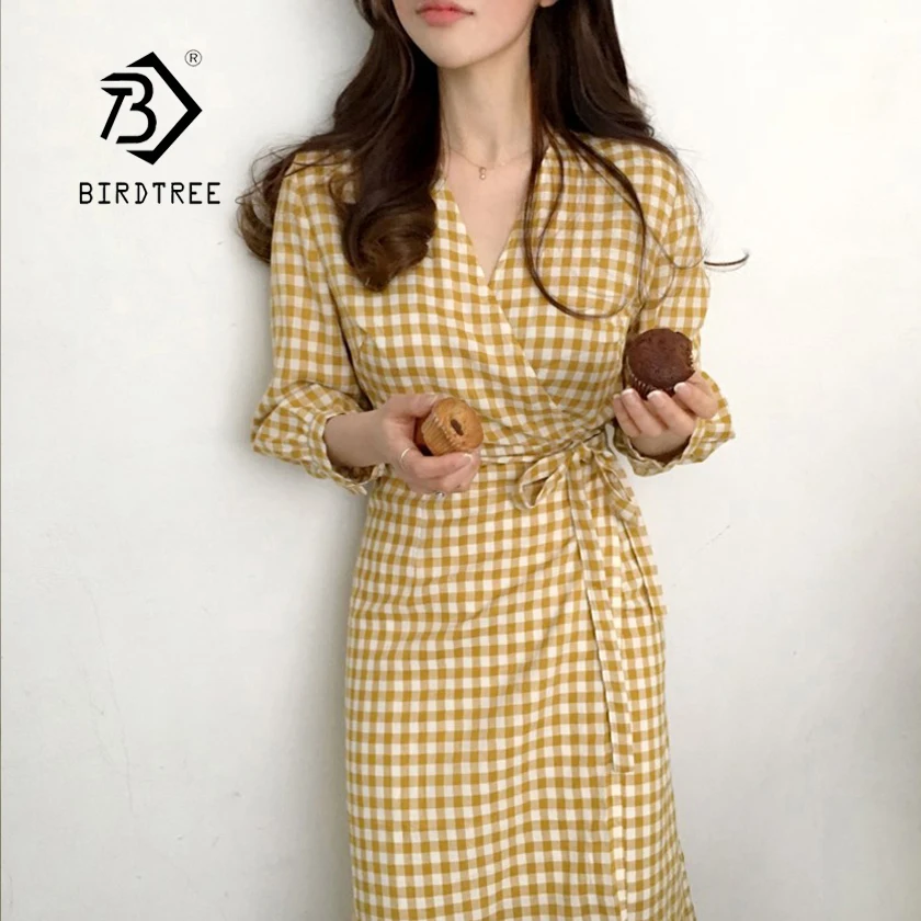 

2019 New Arrival Women's Plaid Kimono Lace Up Mid Calf Dress Latern Half Sleeve V Neck High Waist Vestidos Korea Style D92002F