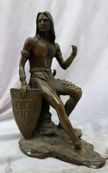 

11" China brass copper carved fine Sparta shield man of prowess Sculpture Statue