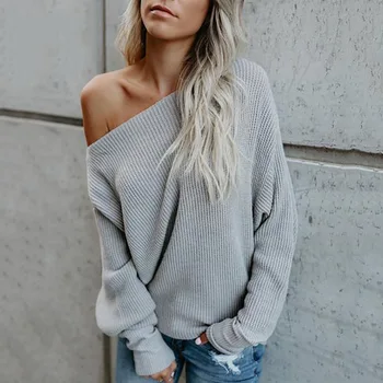 

Slope Shoulder Women Sweater 2019 New Fashion Loose Solid Colors Women Winter Warm Sweaters Ladies Outwear Pullover Sweater