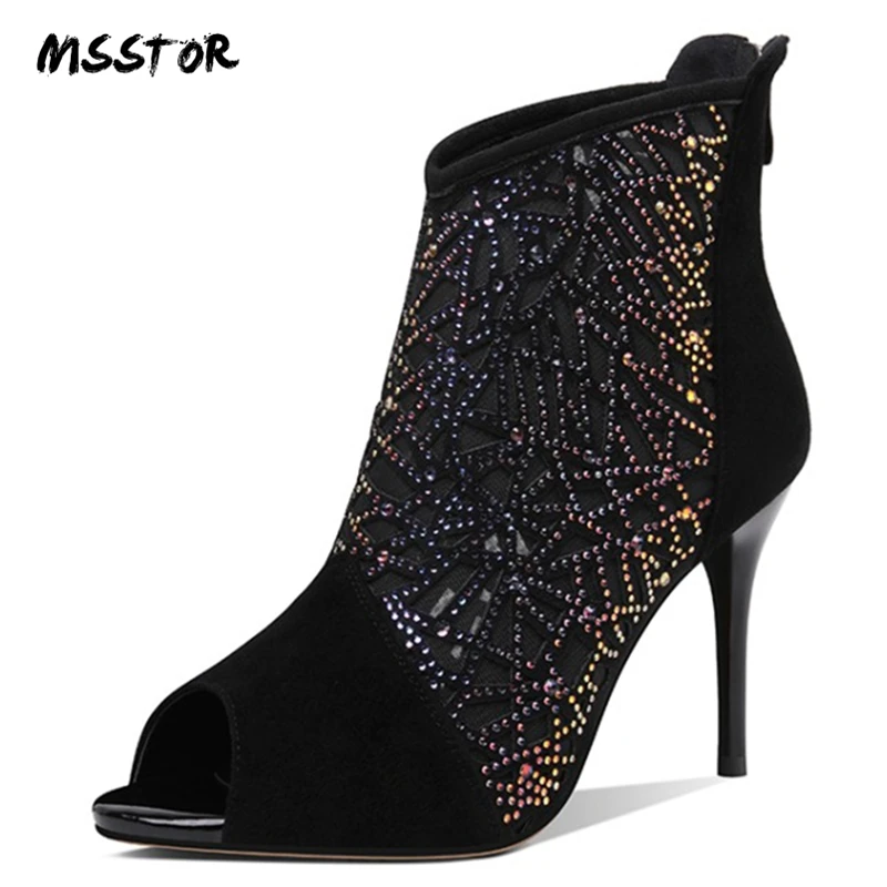 

Msstor Sliver Summer Boots Peep Toe Zipper Kid Suede Crystal Mesh Stiletto Party High Heels Ankle Boots Thin Heels Ladies Shoes