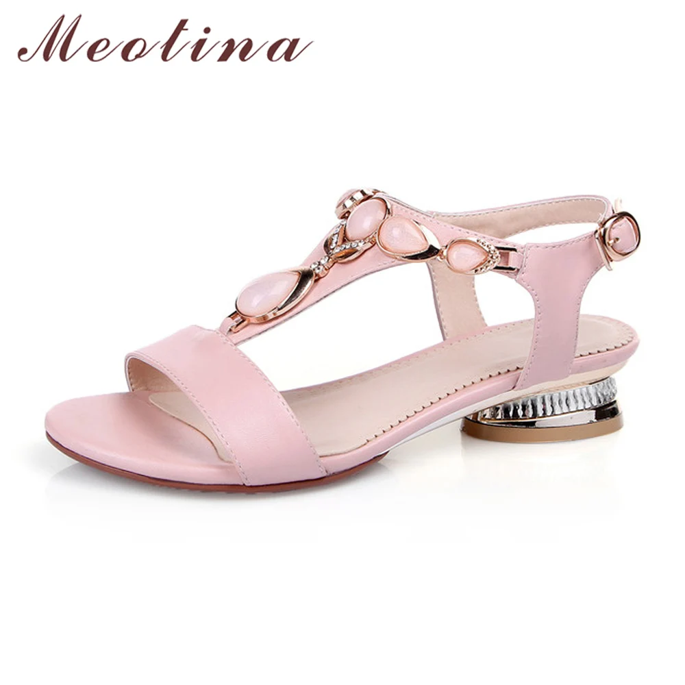 Meotina Shoes Women Sandals Open Toe T-Strap Bohemian Beach Low Heels Female Summer Shoes Crystal Sandals Pink Large Size 9 10