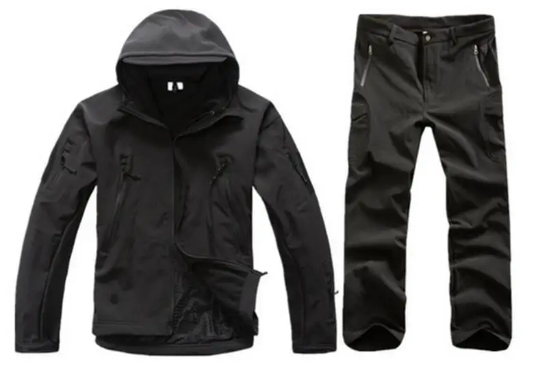 Уличная Водонепроницаемая флисовая куртка, военный Камуфляжный костюм для мужчин и женщин, походная охотничья одежда, тактическая флисовая куртка+ штаны - Цвет: black