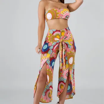 

2019 Summer New Fashion Floral Print Two Piece Set Short Sexy Crop Top Wide Leg Pants Women Suits Loose Bohemian Outfits