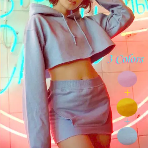 

New 2Pcs Women Sweatshirt Tracksuit Crop Hoodies Tops+Skirt Set SportWear Casual Suit