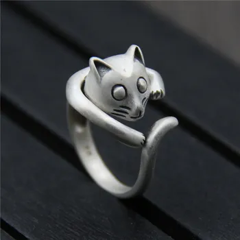 

C&R Pure 999 Sterling Silver Rings for Women Cute civet cat female Thai Silver matt retro opening Ring Fine Jewelry Size 5-7