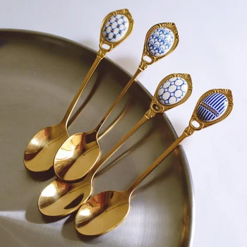 

Stainless Steel Spoons Inlay Ceramic Coffee Ladles Vintage Gold Plating Dessert Spoon High-class Cake Scoops Christmas Gift 1set