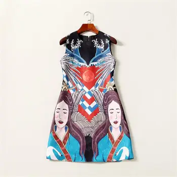 

Women Summer Dresses 2018 High Quality Runway O- Neck Sleeveless Printed Lady Mini Beach Dress DX0830N