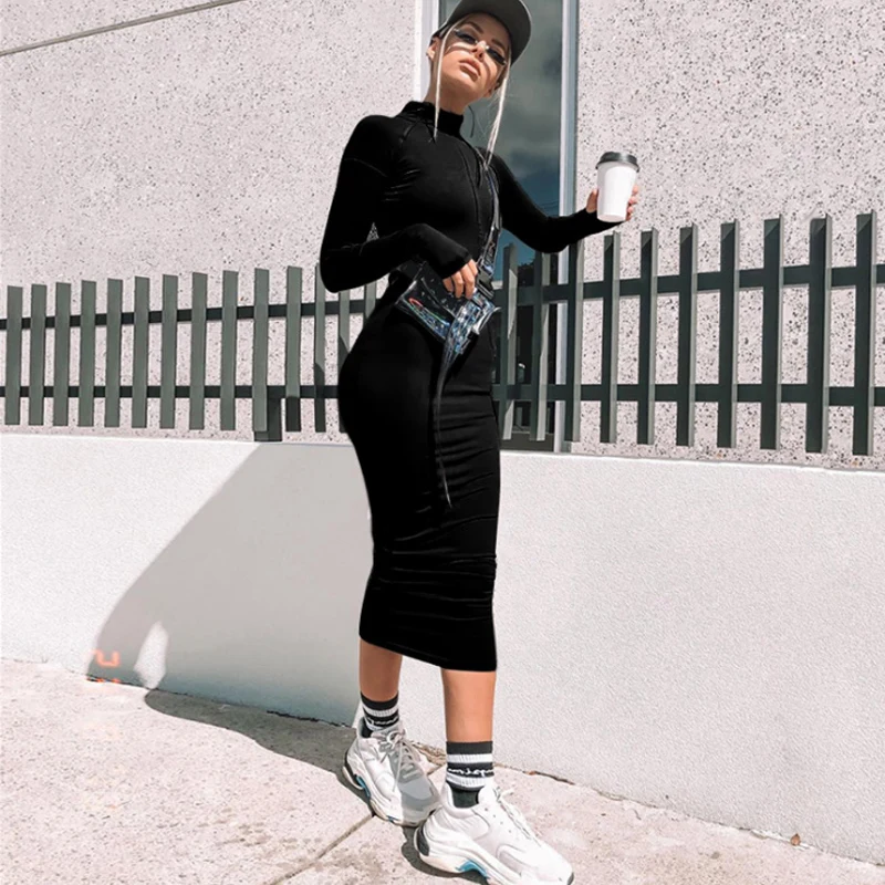 

livagirl solid long sleeve high neck zipper high waist bodycon sexy stretchy dresses 2019 autumn winter women fashion casual set