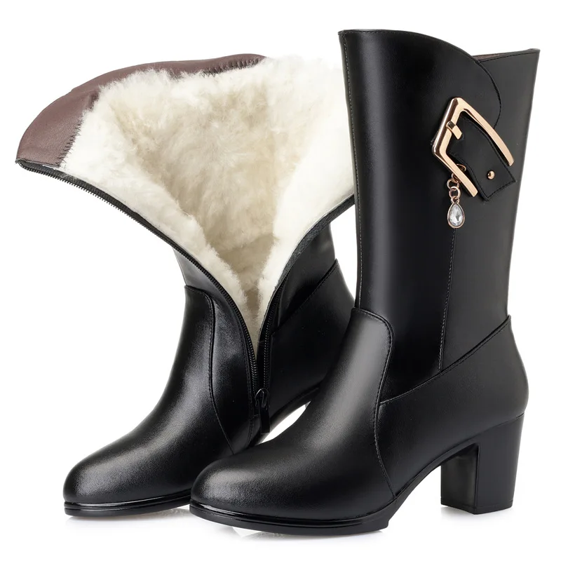 

2018 New Plus Velvet and Wool Winter Cowhide Leather Boots Women Boots Warm Snow Boots Thick with High Heels In-tube Boots