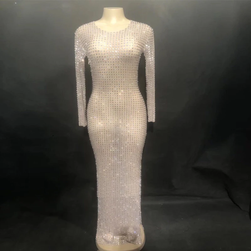 

Women New Sexy Stage Net Yarn Transparent Long Dress Shiny Rhinestone Nightclub Party Stage Wear Singer Dance Costumes Dress