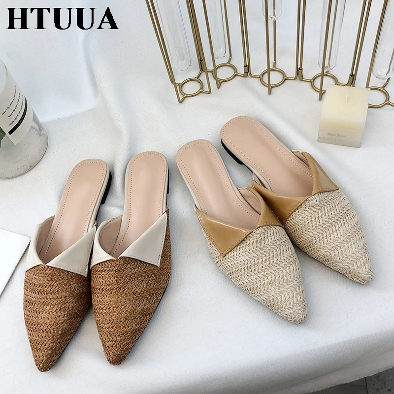 HTUUA/2019 г. женские шлепанцы Туфли сабо с острым носком на плоской подошве летние