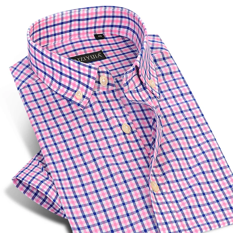 Для мужчин; короткий рукав контрастной платье в клетку Рубашка удобная натуральный хлопок тонкий смарт Повседневное мини-Check Slim-fit Button-down