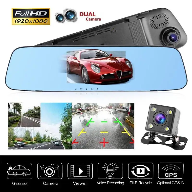 Beste Auto Styling Full HD 1080 P Auto Dvr Camera Auto 4.3 Inch Achteruitkijkspiegel Digitale Video Recorder Dual Lens Registratory Camcorder
