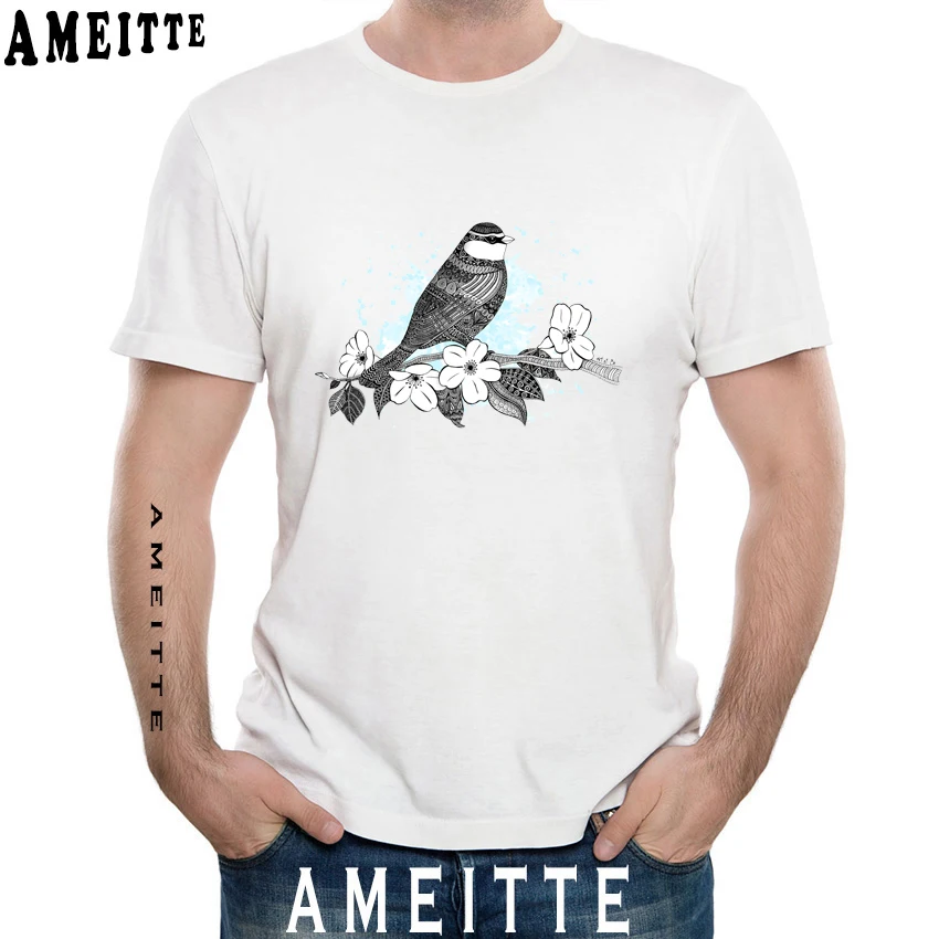 

AMEITTE 2019 New summer Men T-shirt Bird on cherry blossoms Printed T-Shirt Cute Bird Design Cool Humor Man Tops Hipster Tees