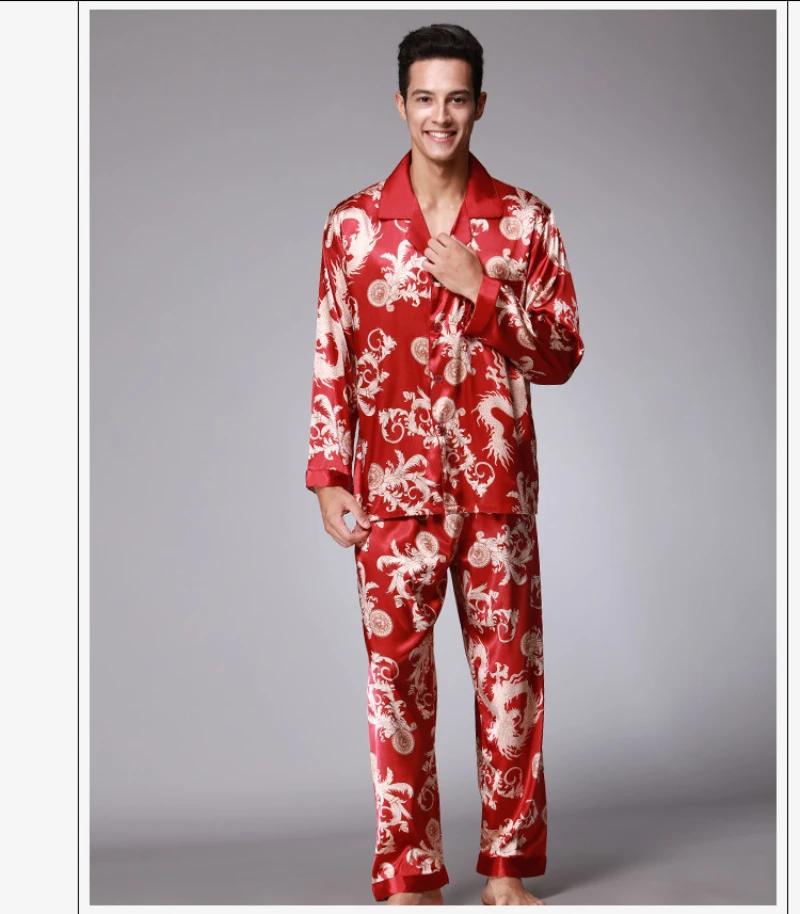 SSH004 High Quality Printed Wedding Mens Pajamas Satin Silk Nightgown Sleepwear Spring Autumn Male Full Sleeves Pants Pajama Set plus size silk pajamas