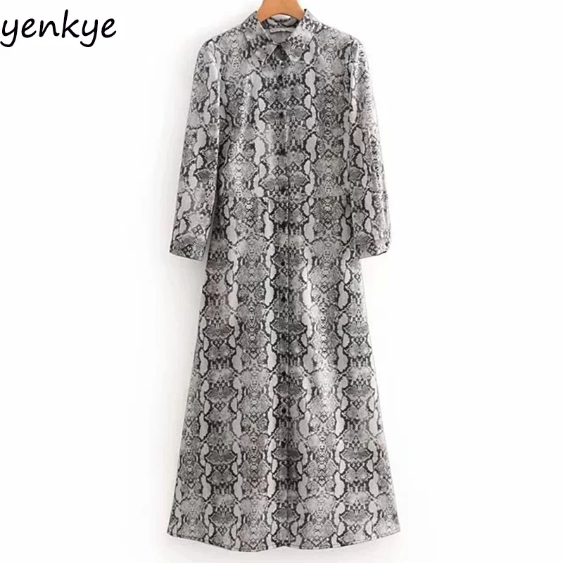 

Women Flowy Snakeskin Printed Shirt Dress Female Three-Quarter Sleeve Turn-down Collar Casual Autumn Long Dress OZZ8820