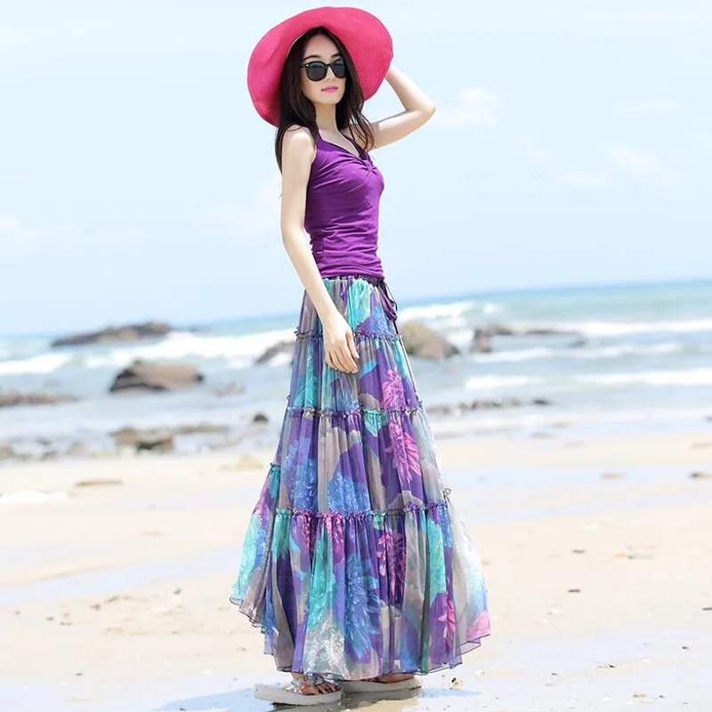 

2019 Fashion Summer Purple Printed Chiffon Skirts Women Elegant Elastic Waist Bohemian Long Skirts Summer Maxi Skirts 4 Colors