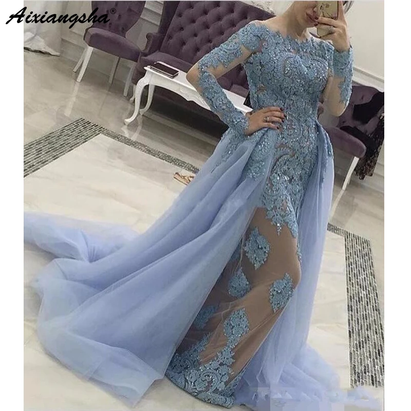 Синие мусульманские Вечерние платья Русалка с длинным рукавом съемный шлейф из тюля кружева бисером Дубай длинное вечернее платье для выпускного вечера