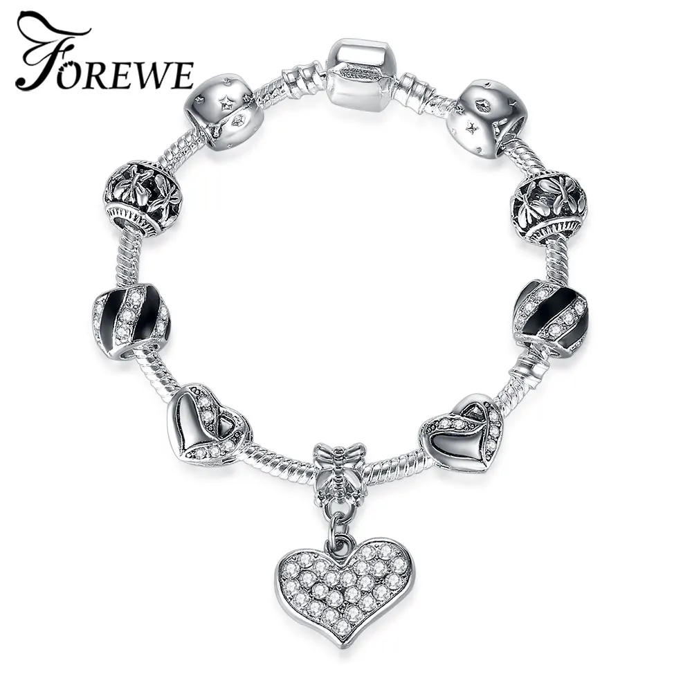 FOREWE 925 Unique Silver Heart Bracelets & Bangles Fashion Crystal Bead