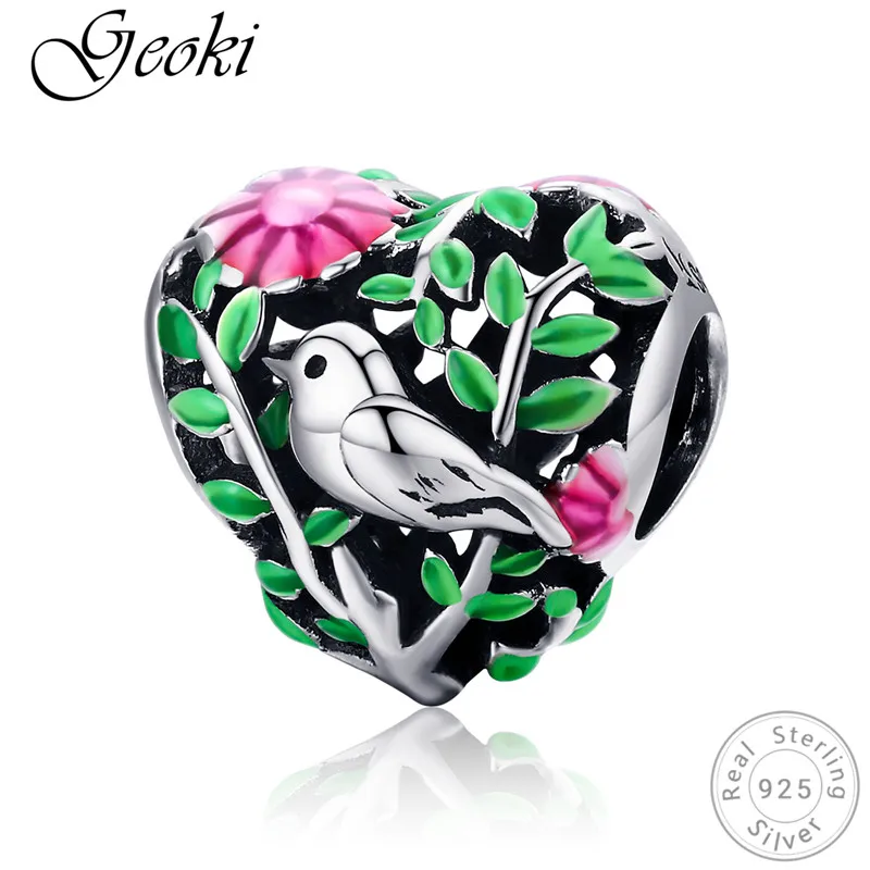 

Geoki 925 Sterling Silver Spring Tree&Flower Bird Charms fit Original Pandora Bracelet Cute Jungle Heart Beads Necklace Pendant