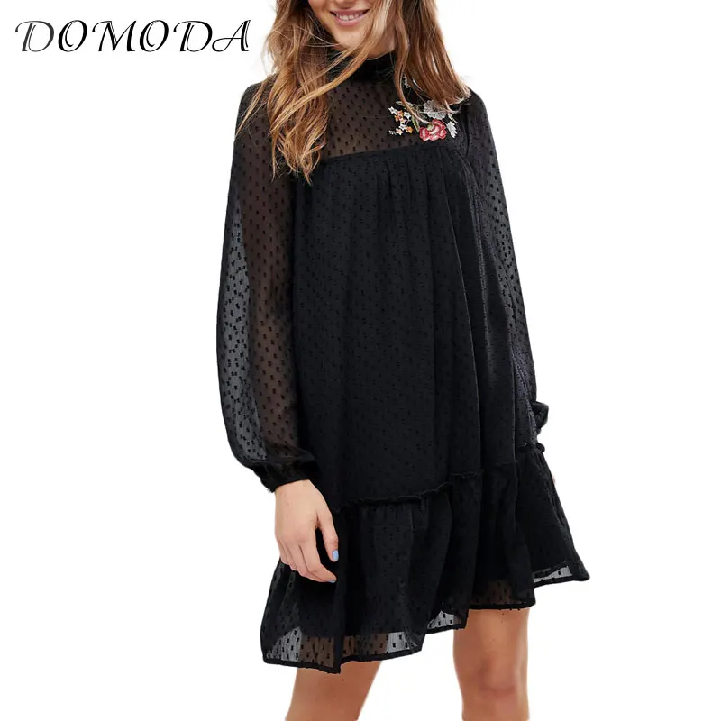 Domoda Для женщин мода шифоновое платье цветок Вышивка Vestidos женский стенд воротник