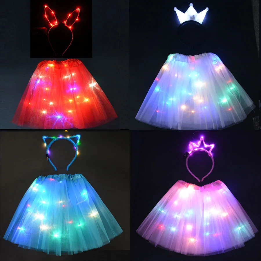 

Girl Kids LED Party Light Wire Tutu Glow Cat Bunny Ear Crown Headband Birthday Skirt Christmas Glow Neon Party Halloween Navidad