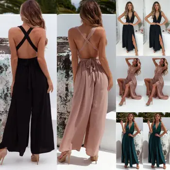 

Sexy Women Ladies Clubwear Summer Backless Chiffon Solid Jumpsuit