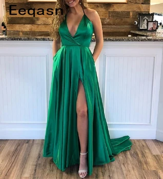 

Sexy Emerald Green Satin Prom Gown with Pockets 2020 Spaghetti Strap A Line Backless Floor Length Train Prom Dress