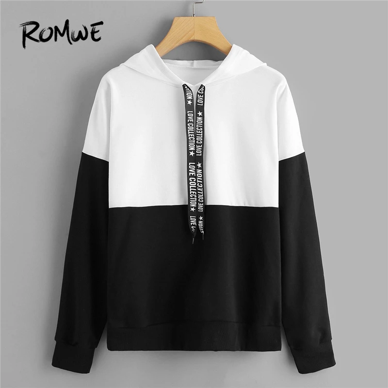 ROMWE Black And White Letter Hooded Sweatshirt Women Casual Autumn Long Sleeve Clothing Ladies Spri