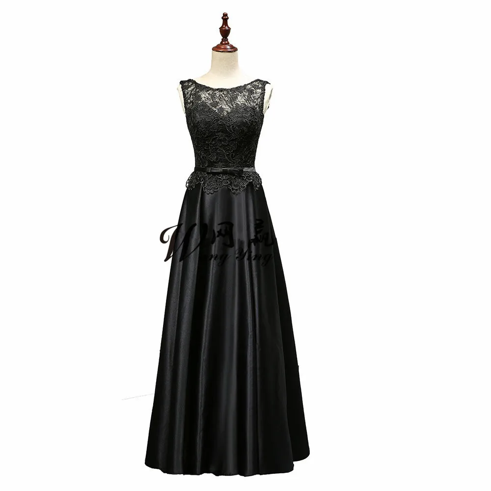 Long Black Evening Dress Floor Length Peplum Lace Satin Prom Dress