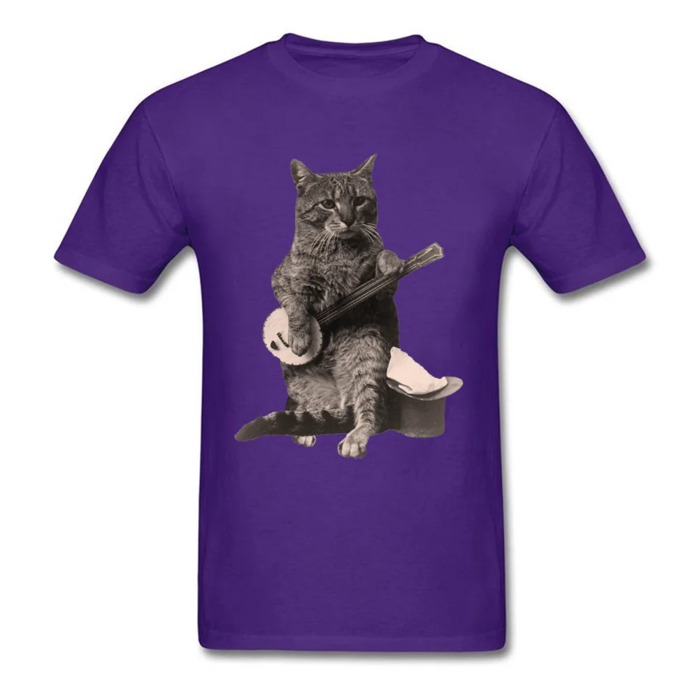 Cat Playing Banjo Guitar ostern Day Pure Cotton O-Neck Tops & Tees Short Sleeve Custom Tee Shirts Coupons Normal T Shirts Cat Playing Banjo Guitar purple