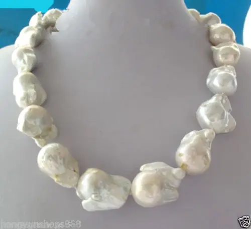 

REAL HUGE SOUTH SEA WHITE BAROQUE PEARL NECKLACE 18" silver clasp &aa **A good women wedding Noble style
