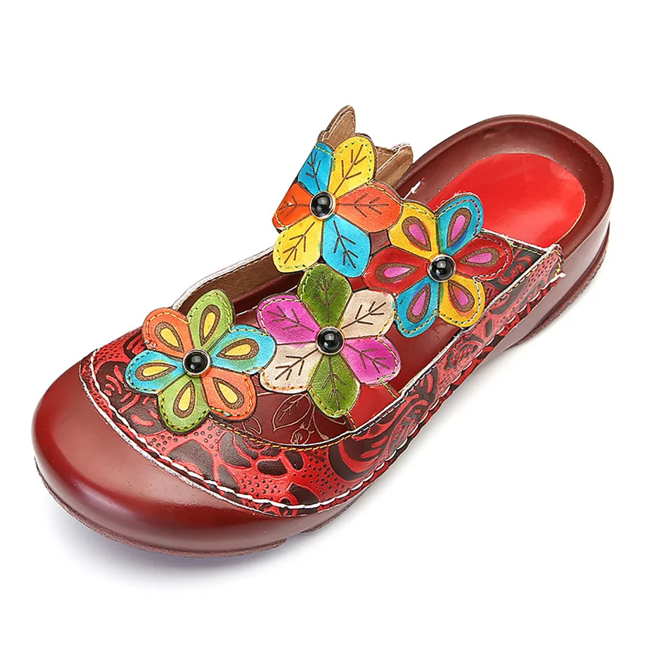 Vintage Printed Round Toe Slippers Women Shoes Genuine Leather Summer Bohemian Beach Lady Slides Flower Casual Shoe Woman Sandal (5)