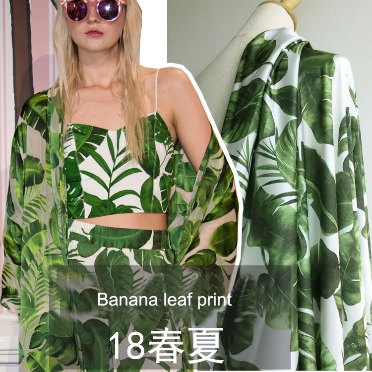 

Well-known brands with the same pattern Banana leaf elastic satin and chiffon digital printing spring and summer fashion fabrics