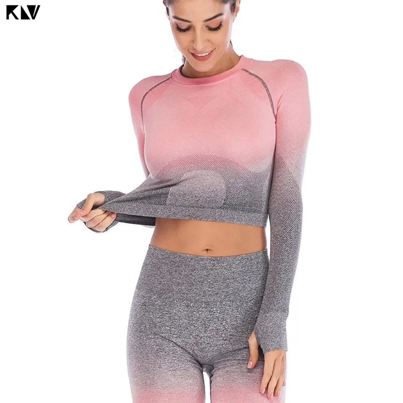 KLV Женский комплект из двух частей Фитнес Леггинсы Ombre бесшовный укороченный топы