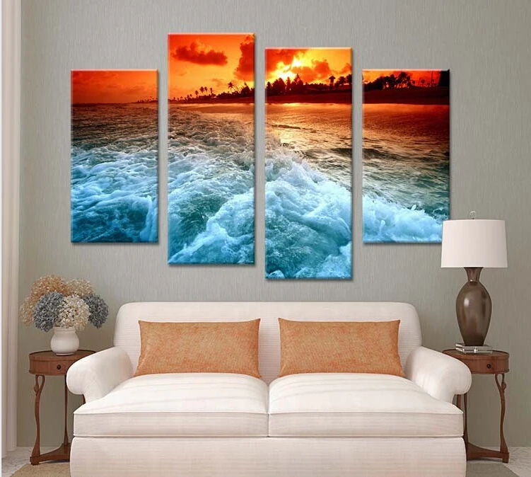 4PCS the best selling tropical sunset Wall painting print on canvas for home decor ideas paints on wall pictures art F