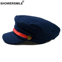 SHOWERSMILE, темно-синяя шляпа, военная Женская шерстяная Кепка с плоским верхом, регулируемая Женская кепка, винтажная Женская кепка на весну и осень, армейская Кепка